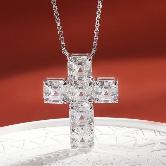 Simulated Diamond Cross 925 Silver Necklace - Picture 6 of 10